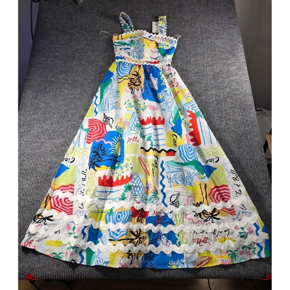 Prosperina Ciao Bella Maxi Dress XS New White Rickrack Trim Beach Resort Print